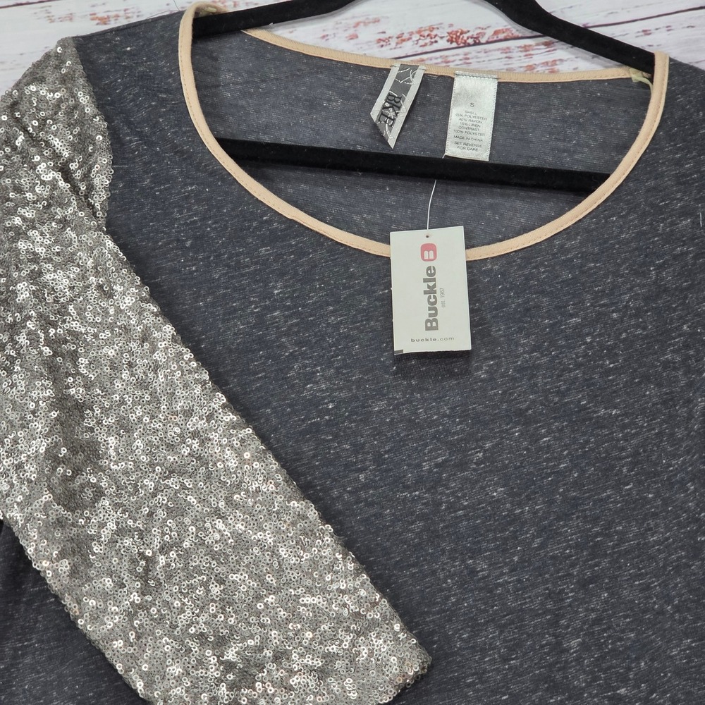 BKE Baseball Top Women Small Dark Gray NWT Sequin 3/4 Sleeve BKER13344 DGY